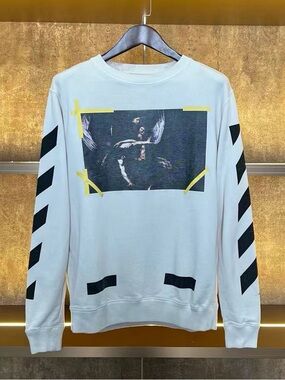 🚩steal authentic Off-White White Crewneck Sweatshirt with Black Chevron Sleeve
